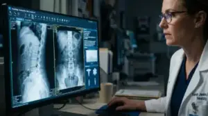 Doctor evaluating medical records and physical diagnostic reports for an accident injury claim