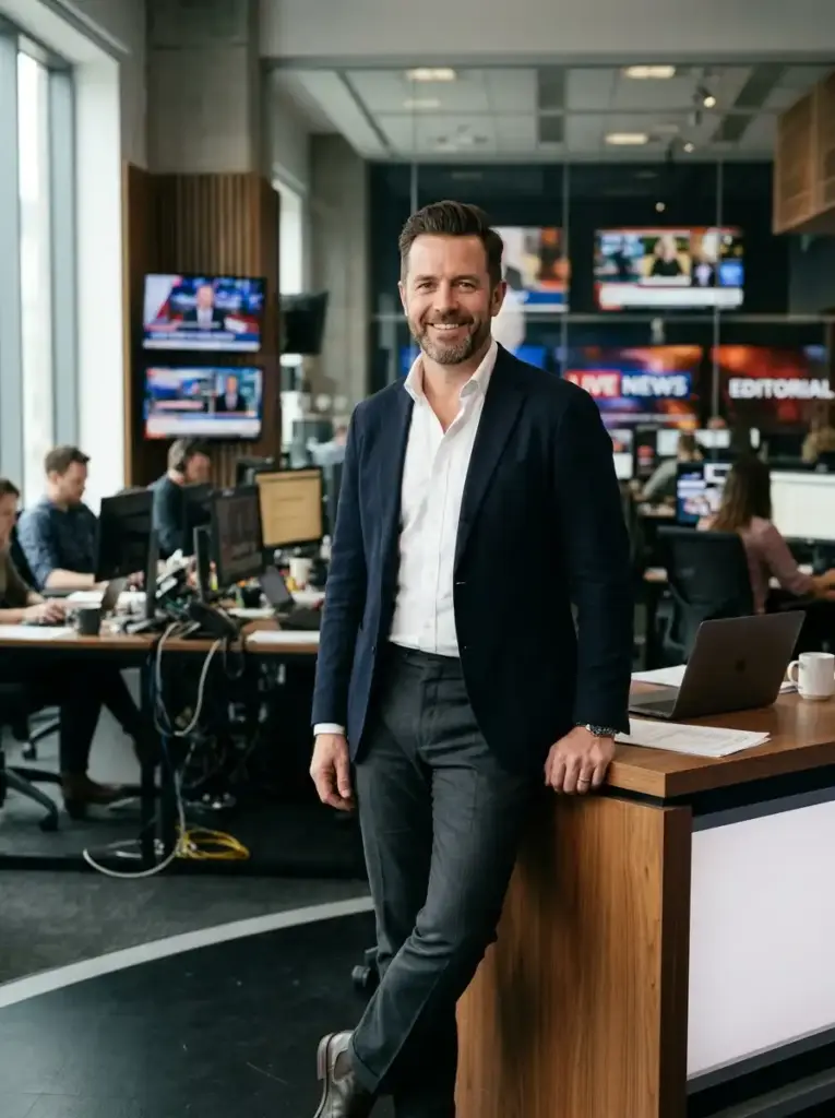 Man standing in newsroom studio