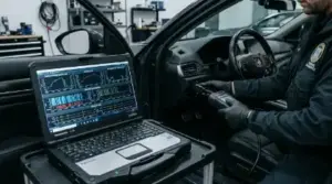 forensic investigator's hands plugging a professional diagnostic tool into a vehicle's interior port
