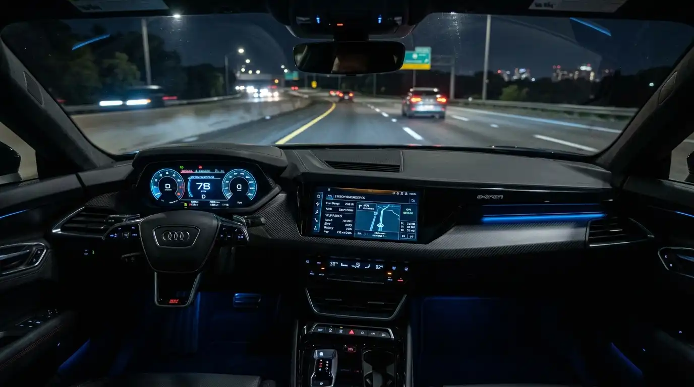 Car dashboard displaying neon data