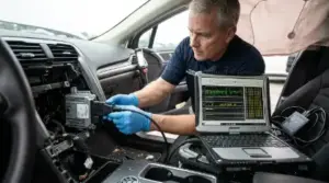 Engineer connecting laptop to car