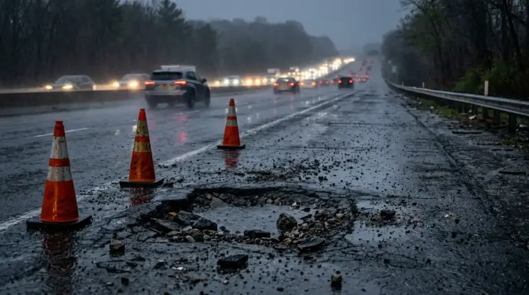 Rain falling on cracked highway