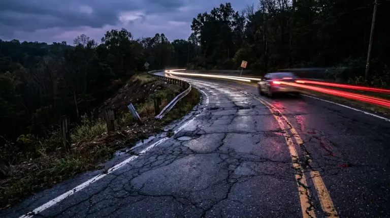 Cracked wet asphalt road curve