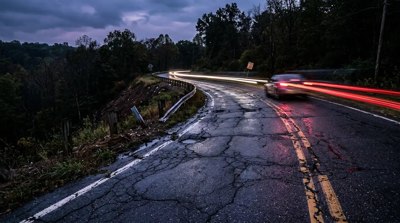 Cracked wet asphalt road curve