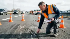 Expert inspecting damaged road